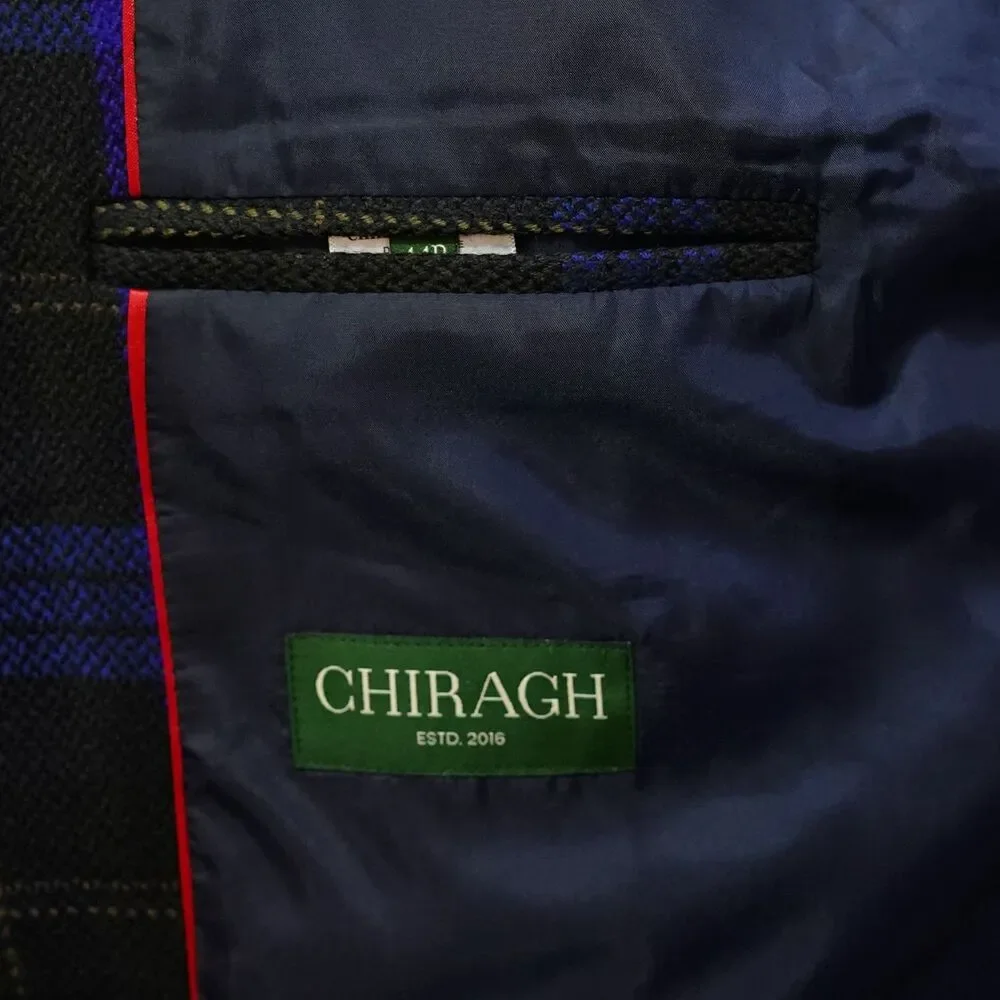 Mens Wool Sport Coat 44R Black Royal Blue Plaid Blazer 2 Button Wedding Formal
